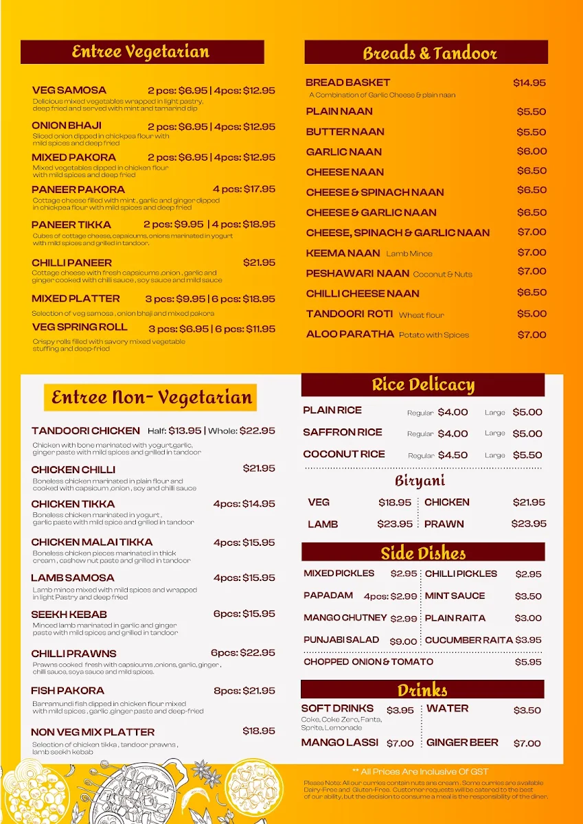 Menu, Gills Indian Cuisine