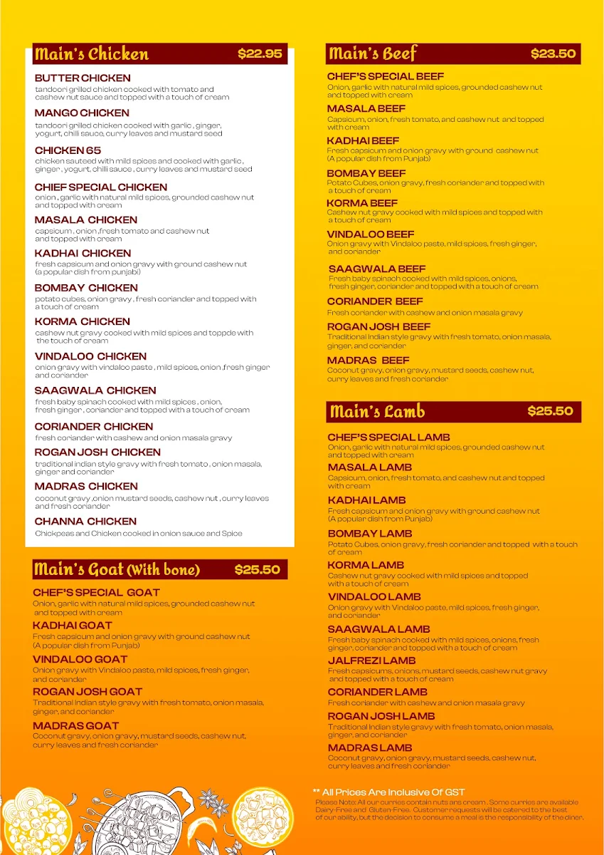Menu, Gills Indian Cuisine
