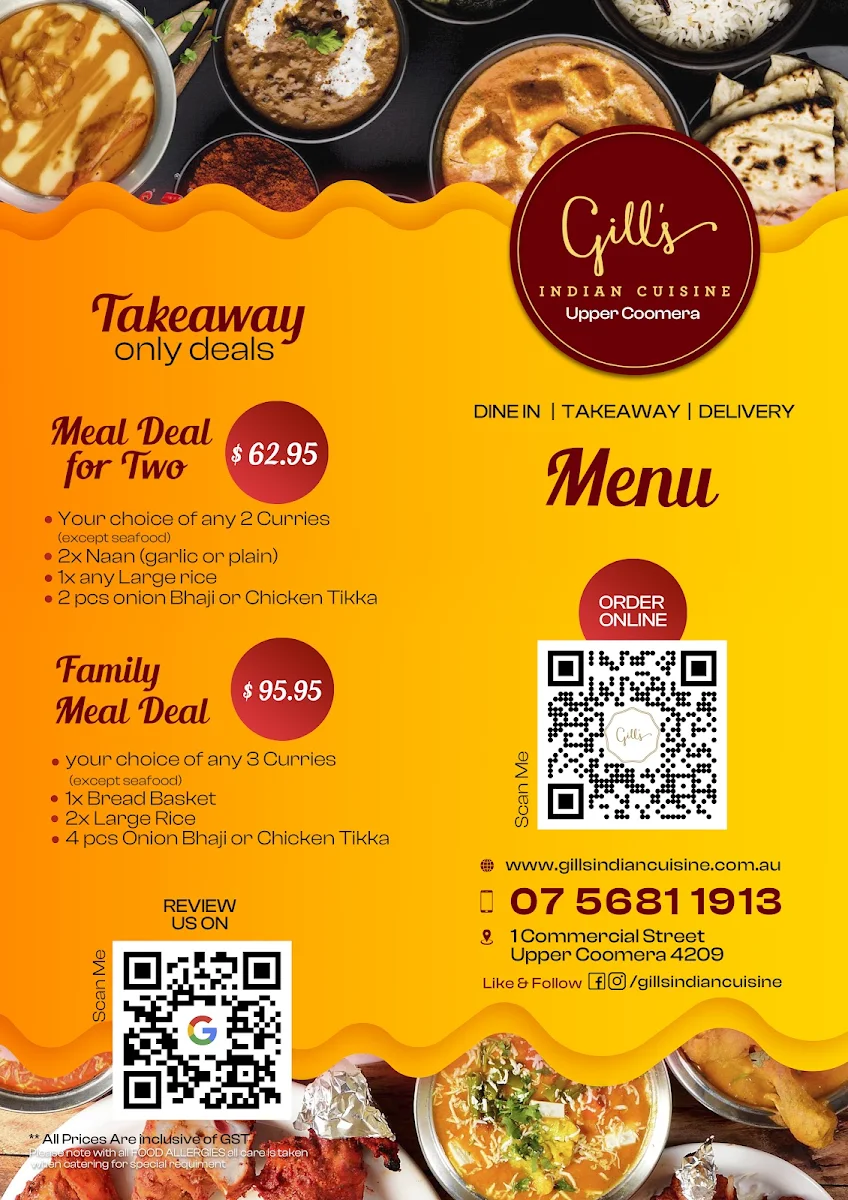 Menu, Gills Indian Cuisine