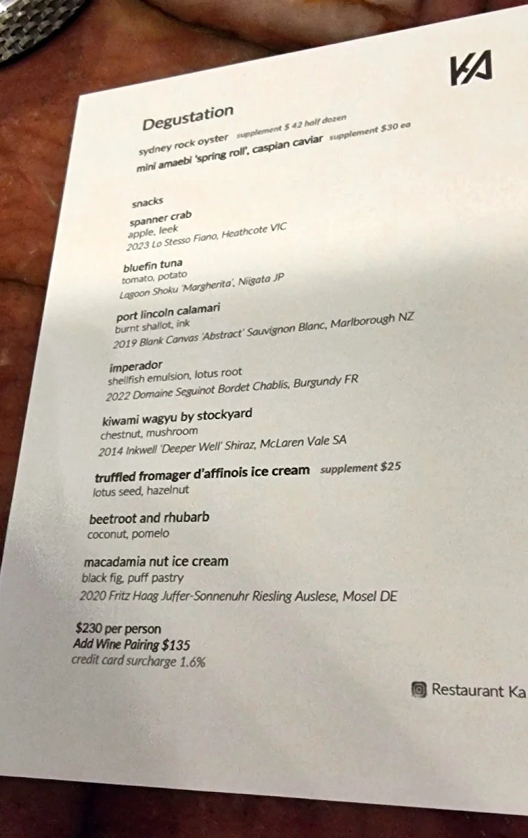 Menu, Restaurant Ka