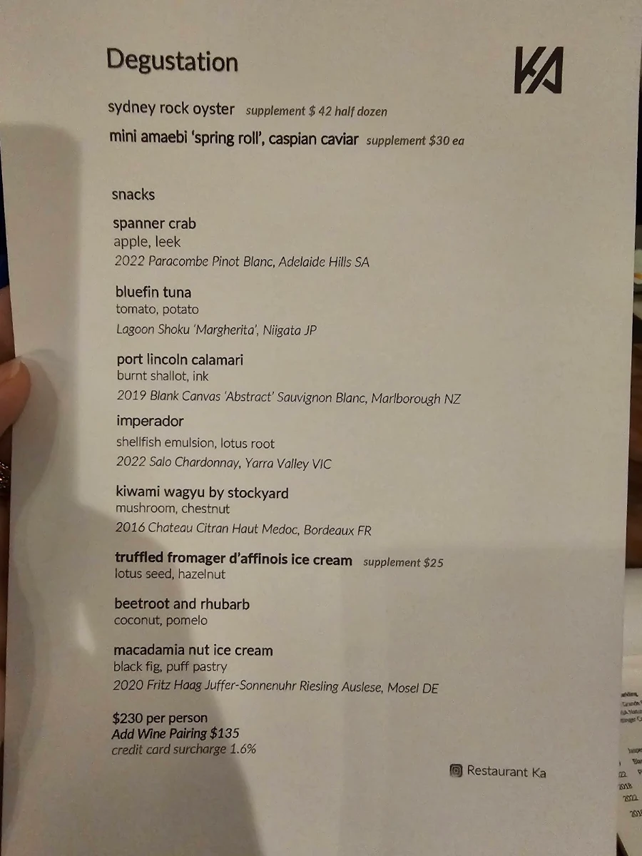Menu, Restaurant Ka