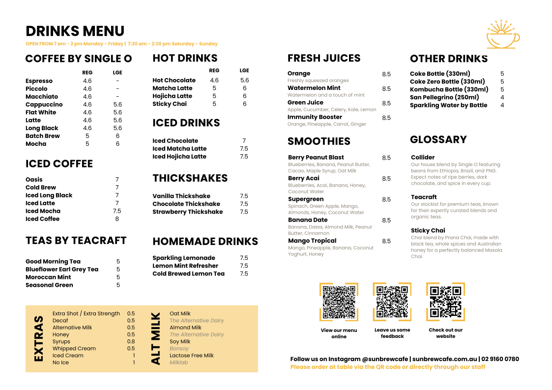 Menu, Sunbrew Cafe