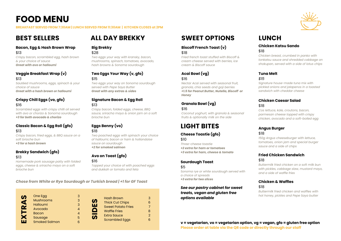 Menu, Sunbrew Cafe