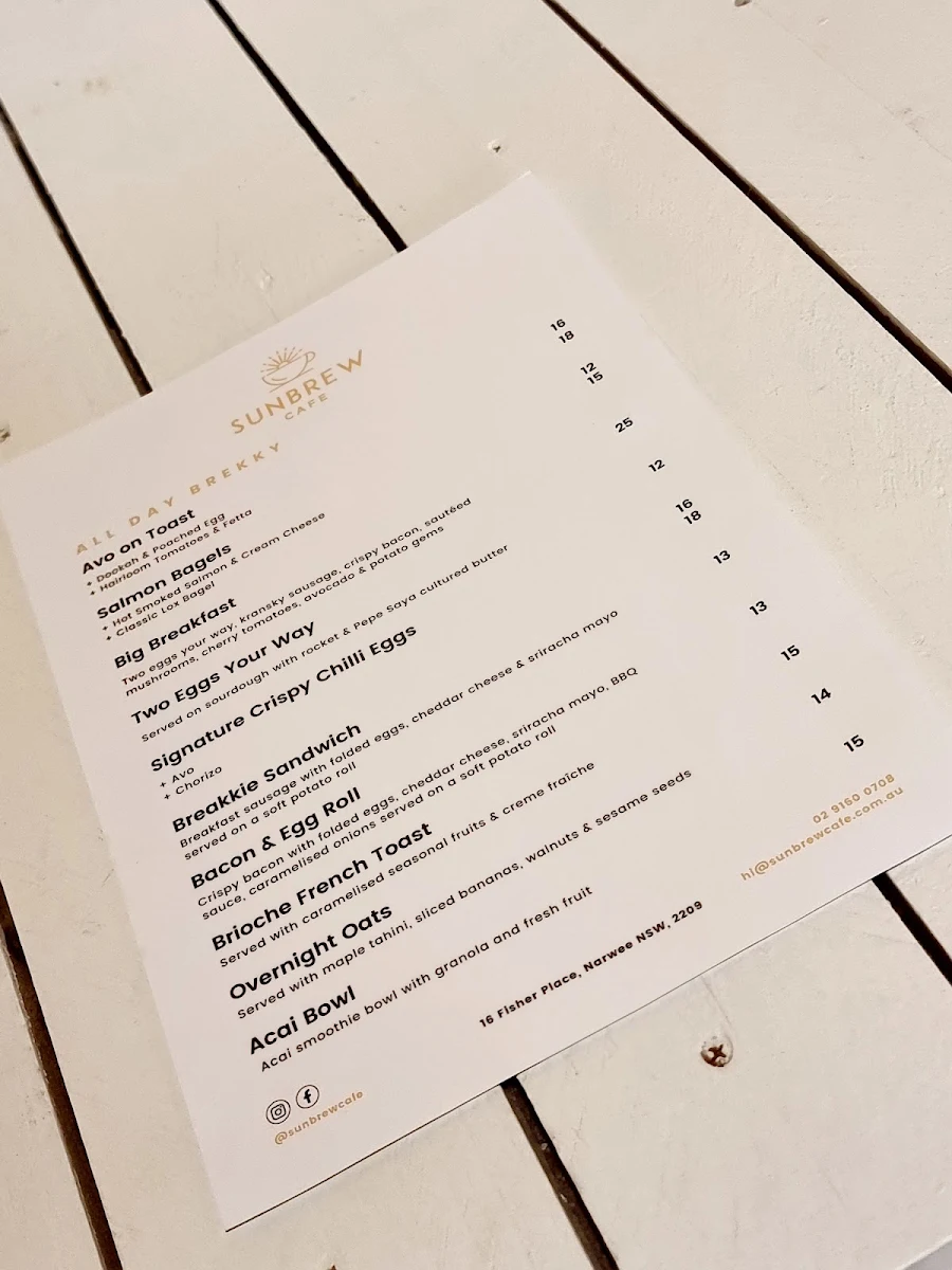 Menu, Sunbrew Cafe
