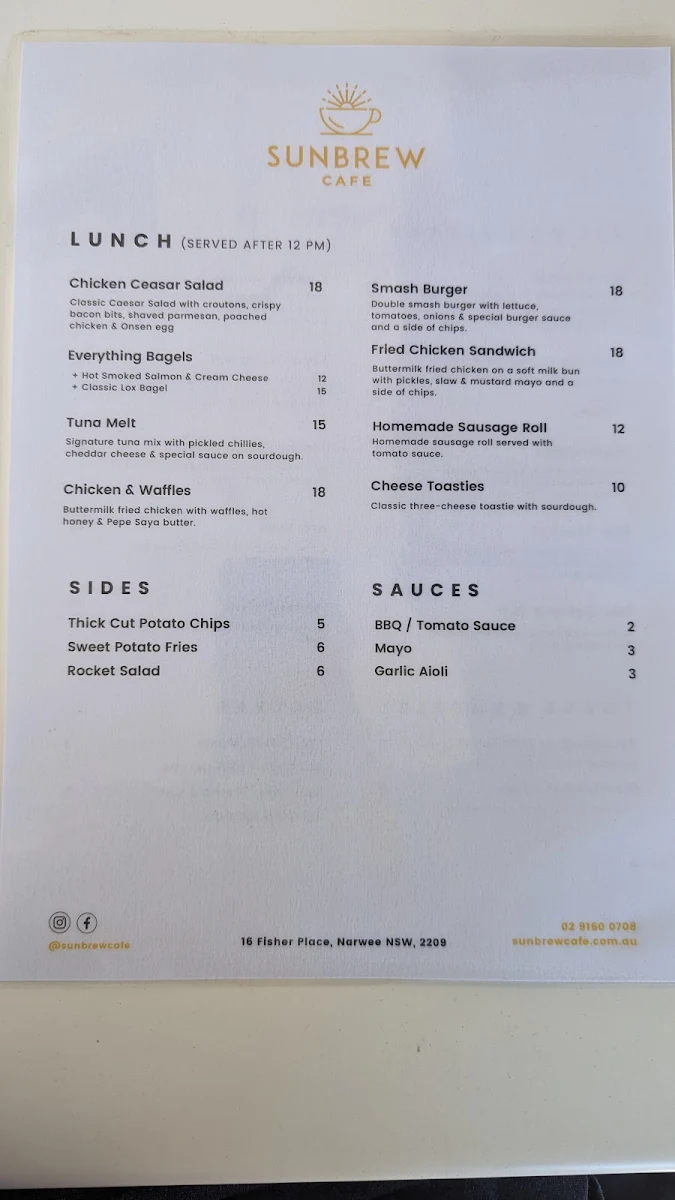 Menu, Sunbrew Cafe