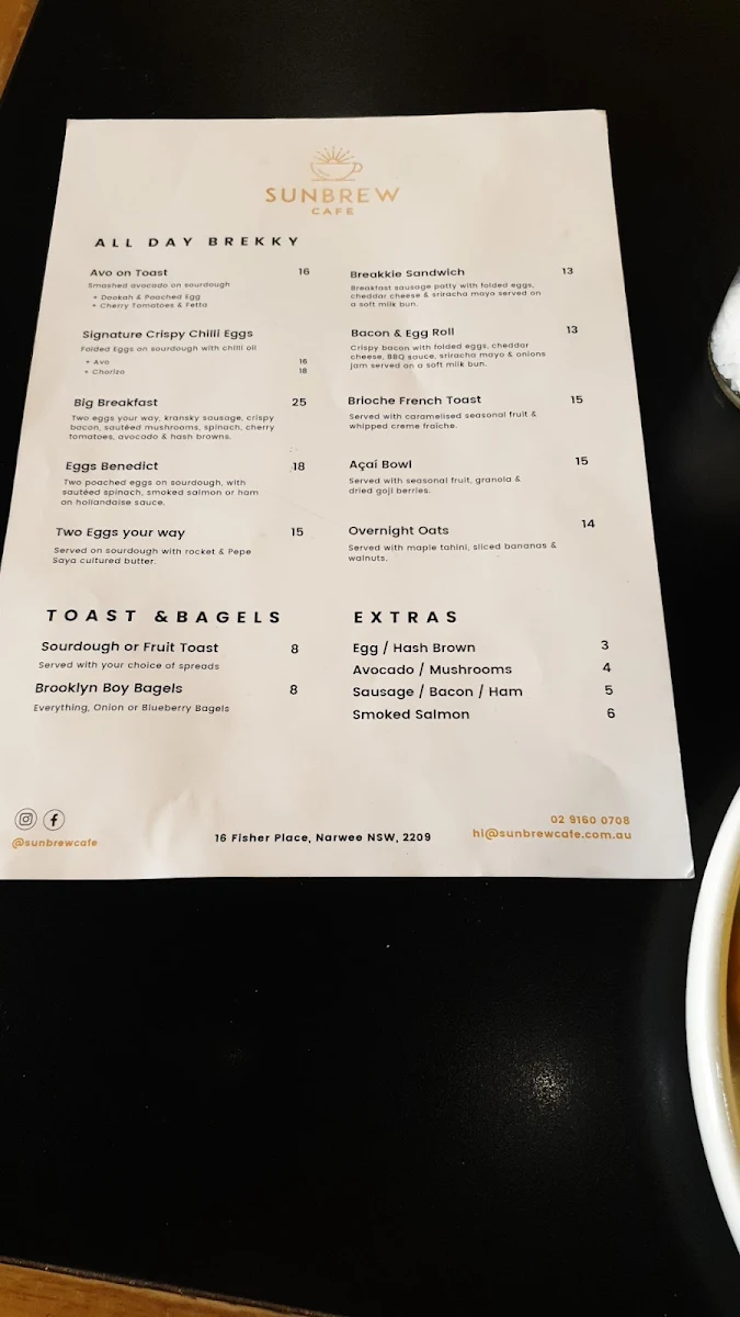 Menu, Sunbrew Cafe