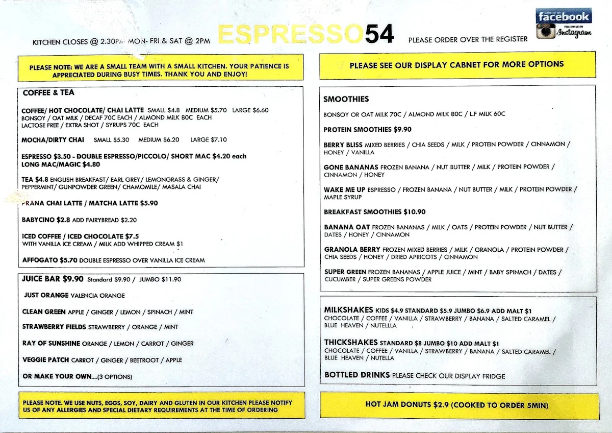 Menu, Espresso 54