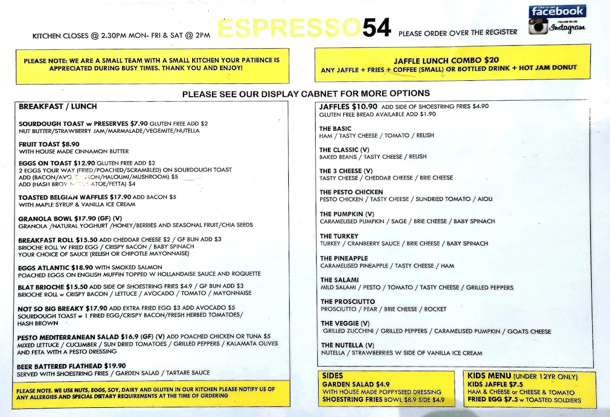 Menu, Espresso 54