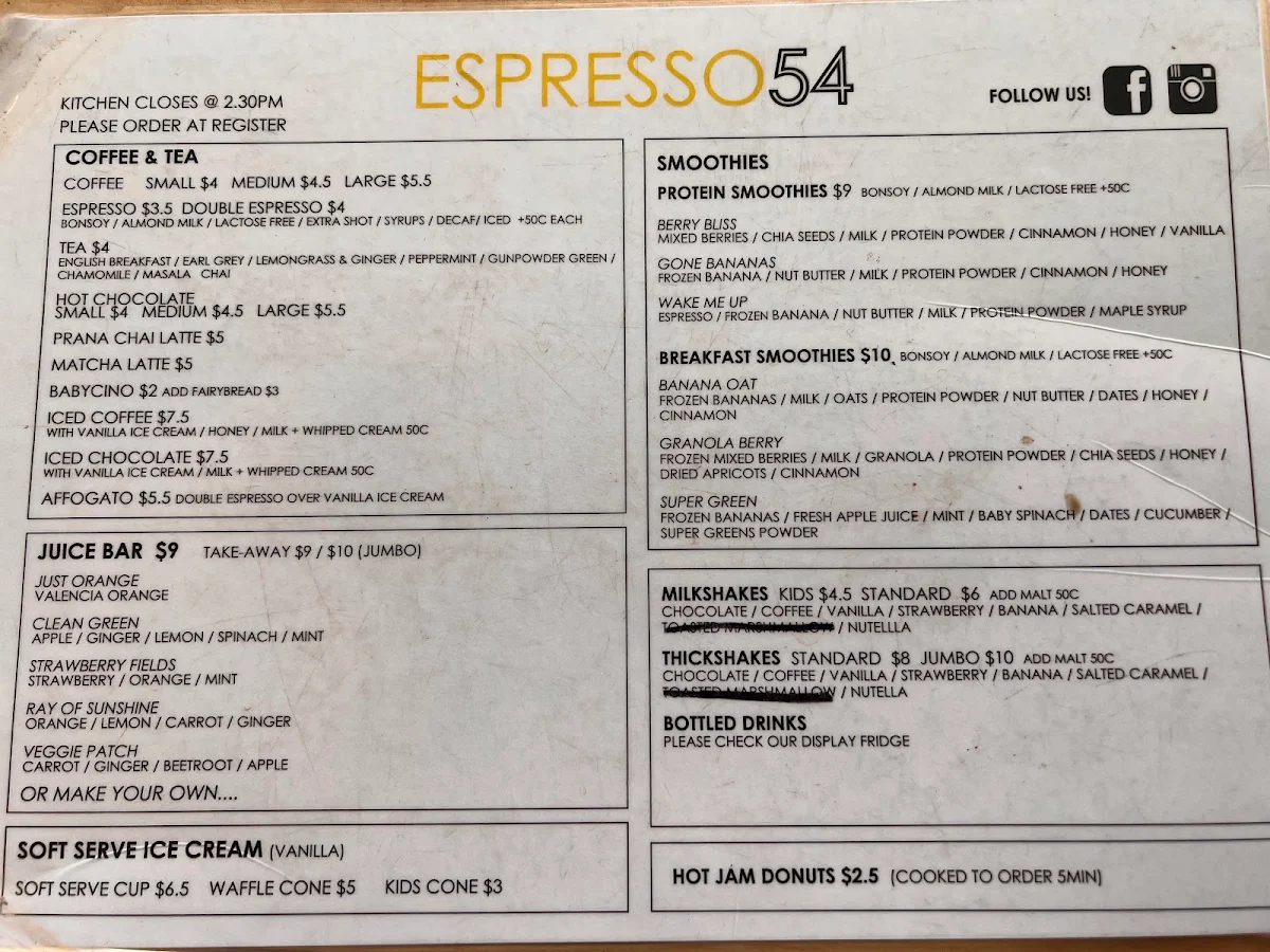 Menu, Espresso 54
