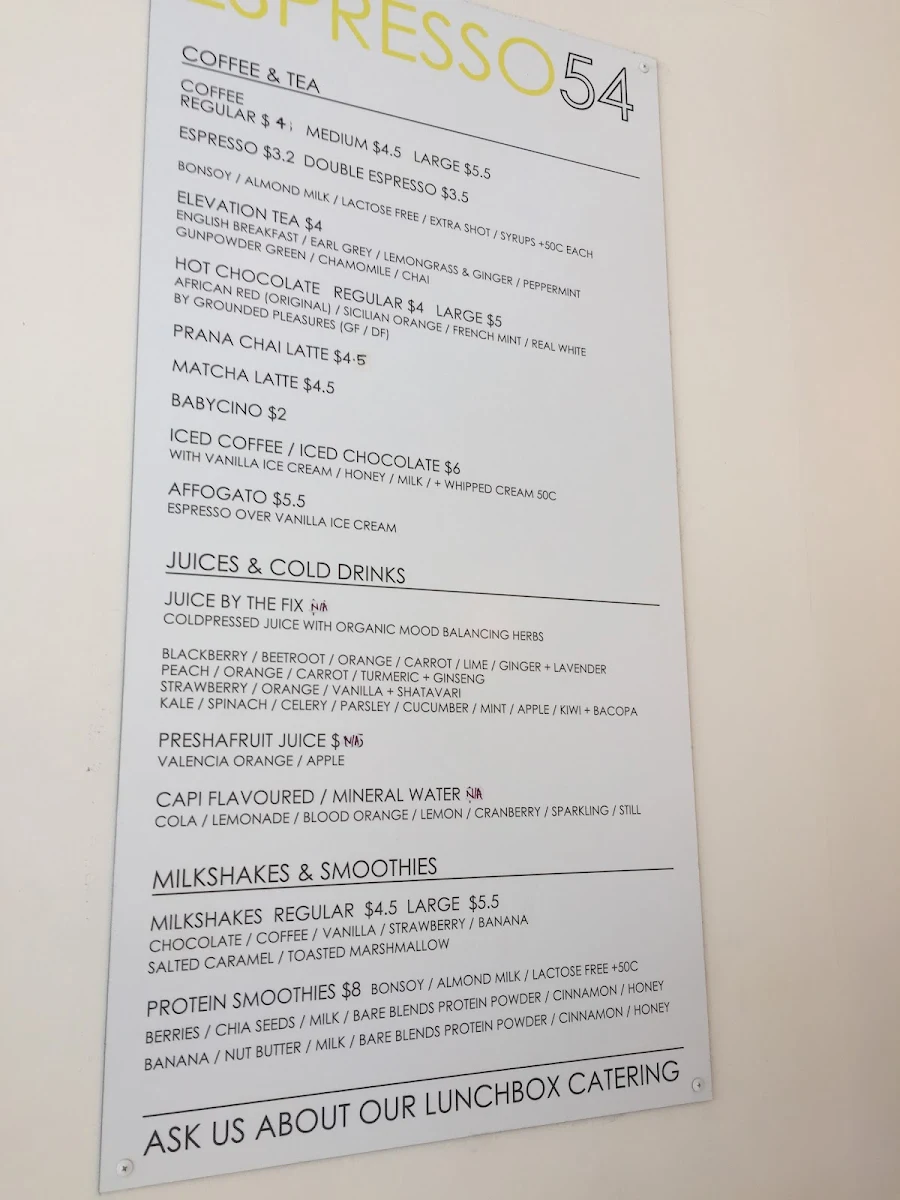 Menu, Espresso 54
