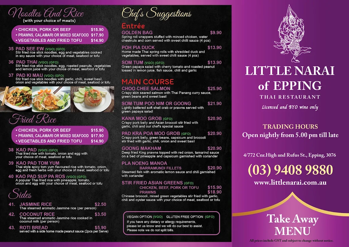 Menu, Little Narai Of Epping