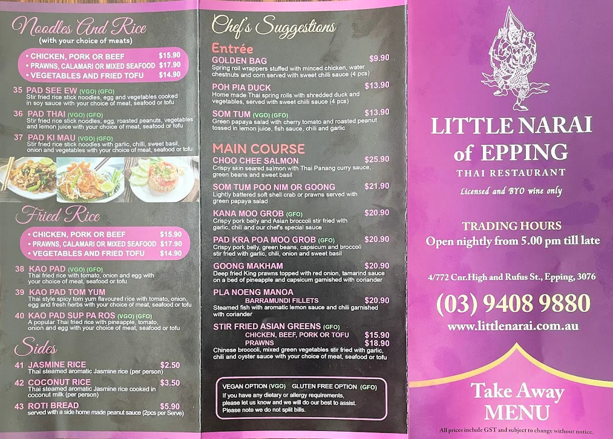 Menu, Little Narai Of Epping