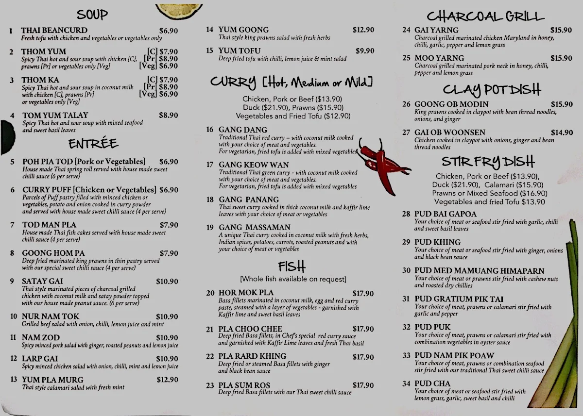 Menu, Little Narai Of Epping