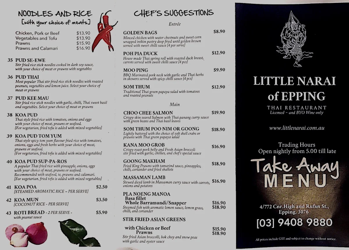 Menu, Little Narai Of Epping