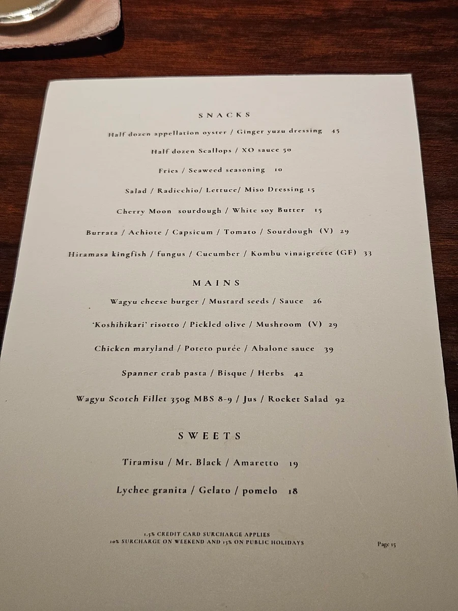 Menu, Bistro Kai