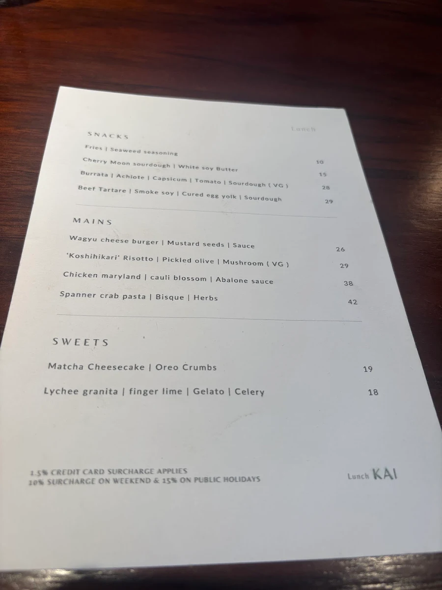 Menu, Bistro Kai