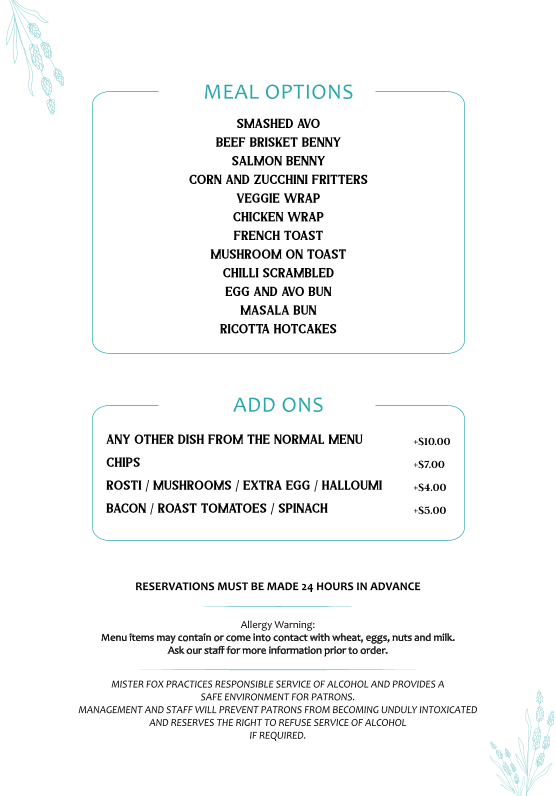 Menu, Mister Fox