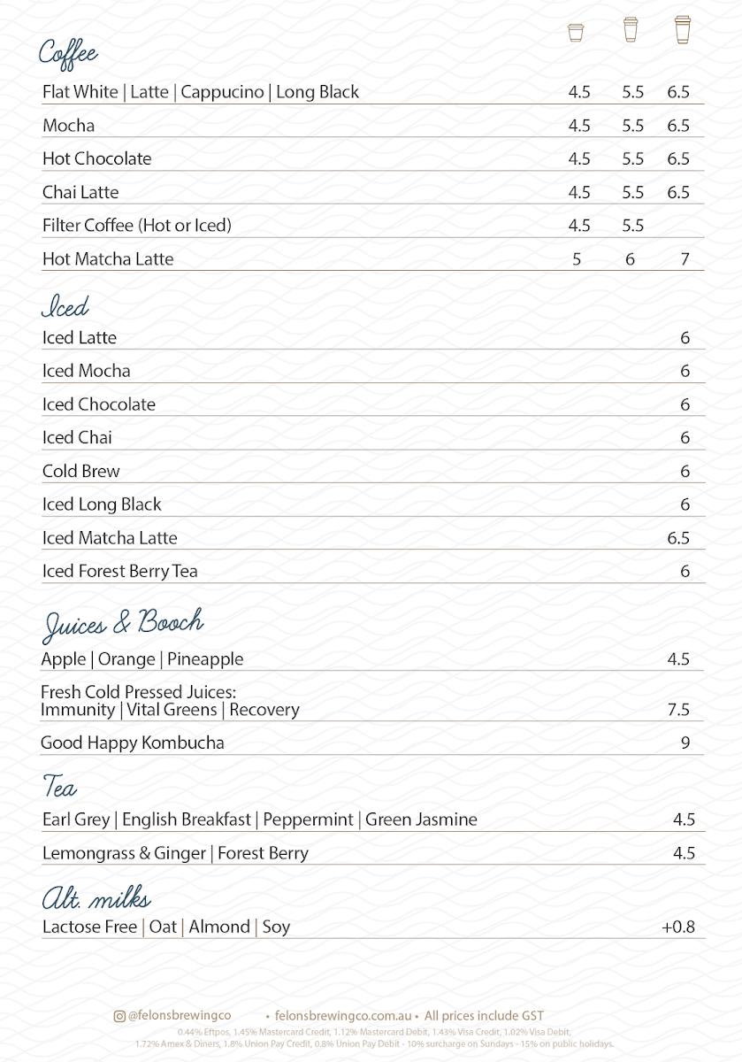 Menu, Felons Café