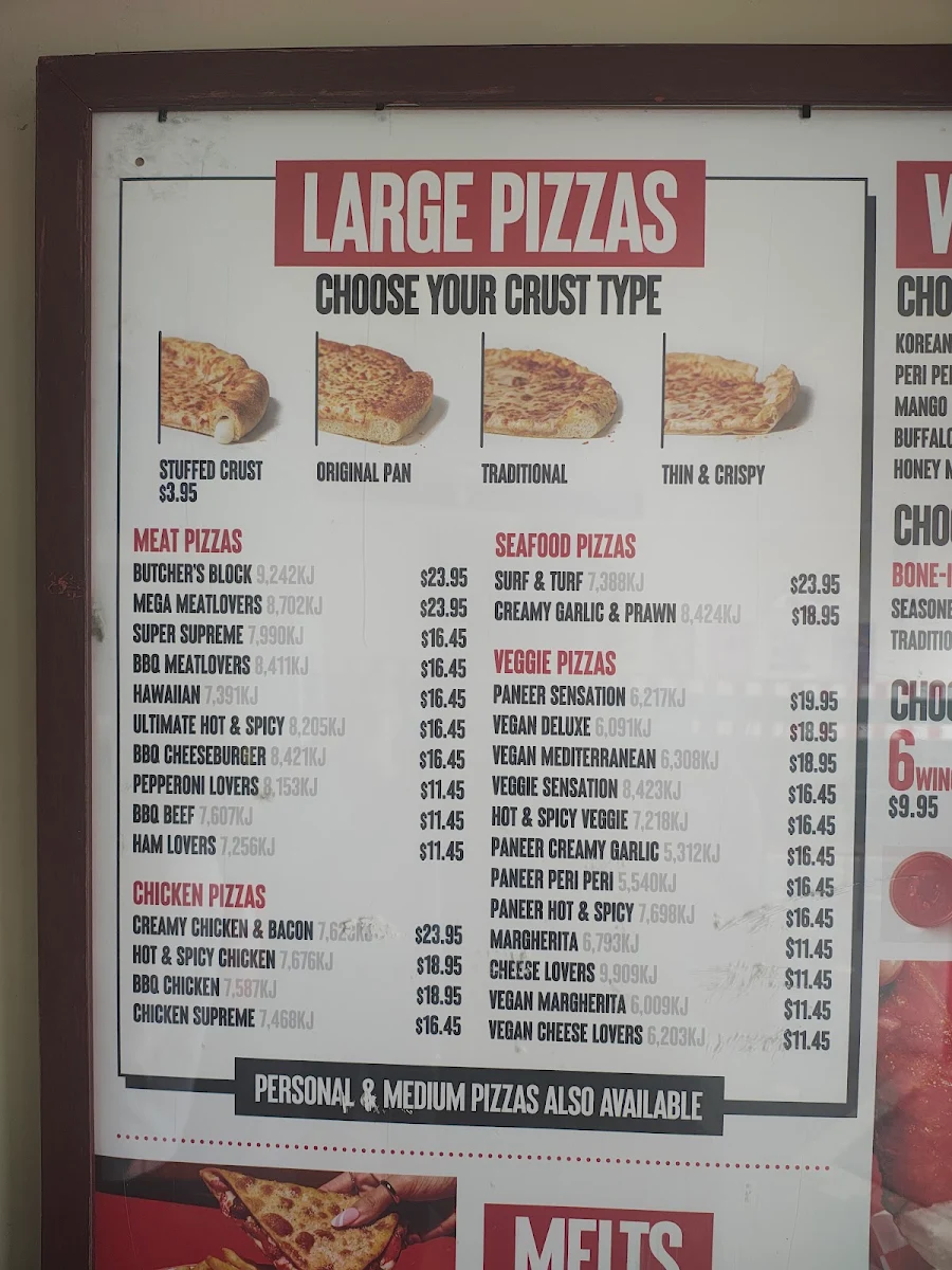Menu, Pizza Hut Kippax