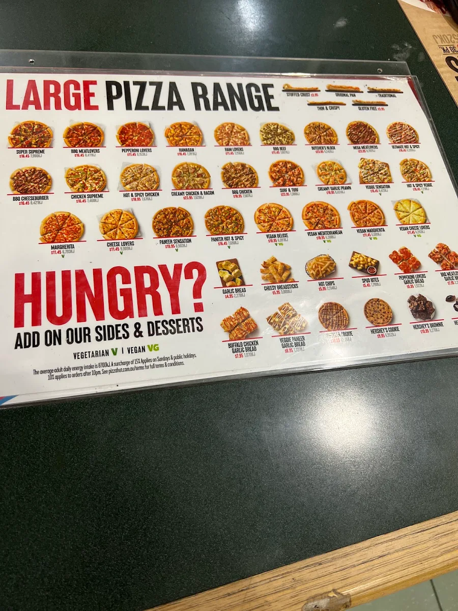 Menu, Pizza Hut Kippax