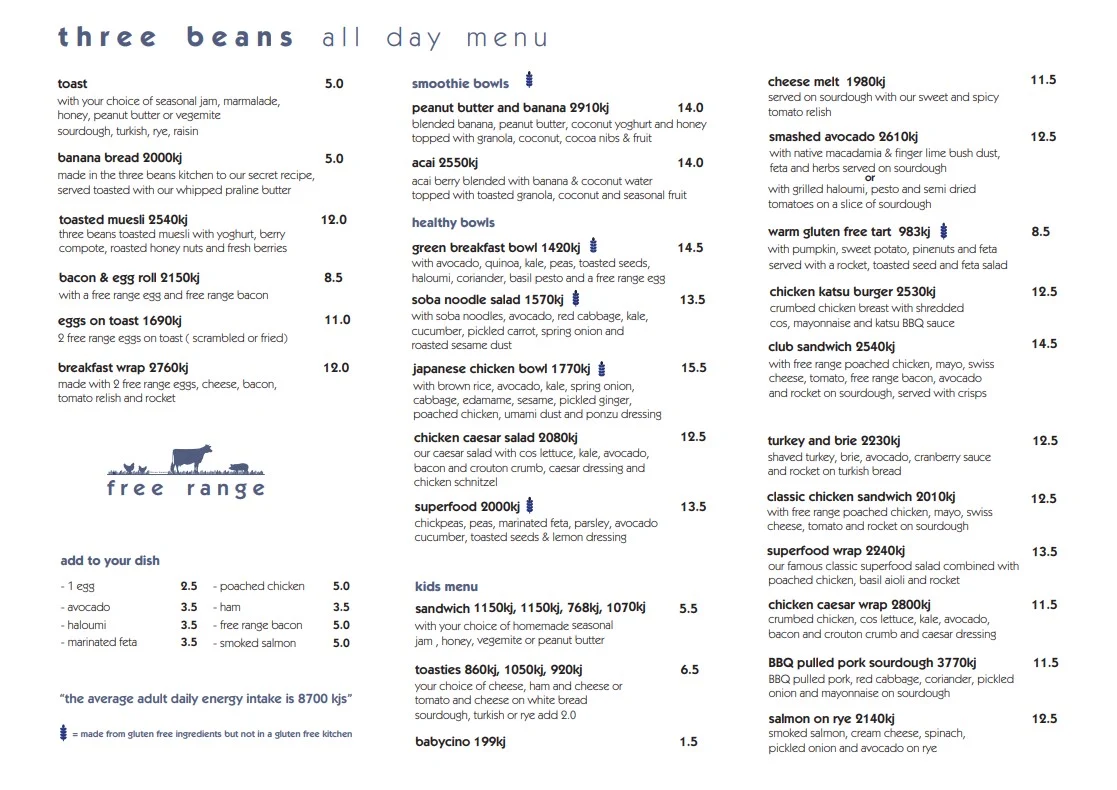 Menu, Three Beans Chatswood Central