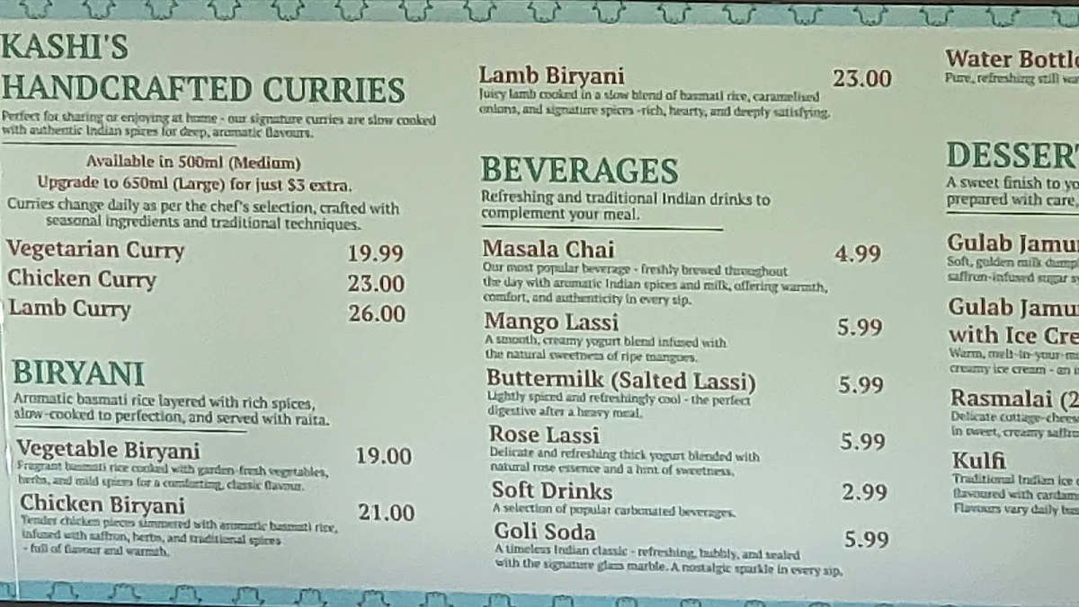 Menu, Kashi Indian Express
