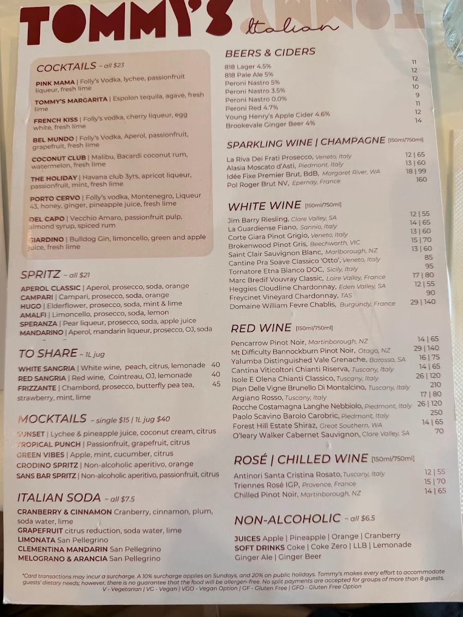 Menu, Tommy’s Italian