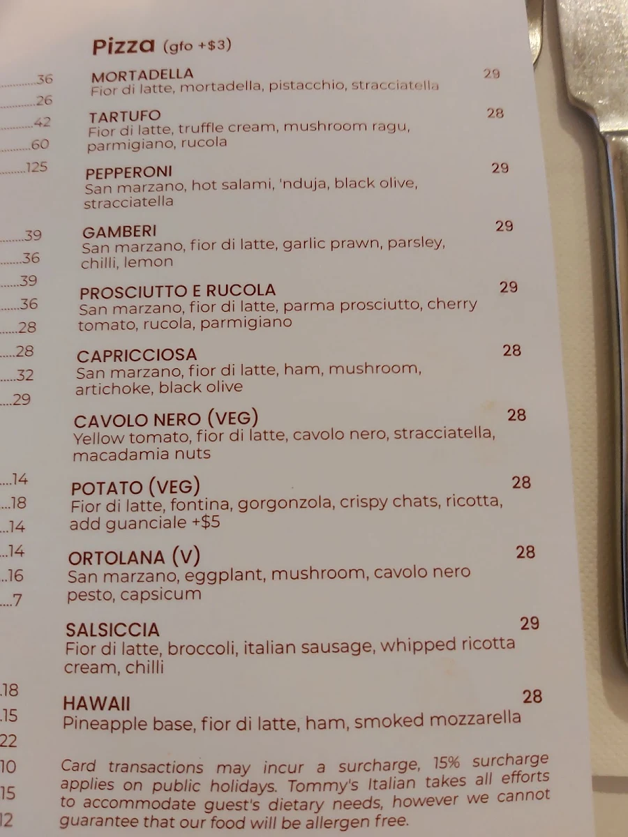 Menu, Tommy’s Italian