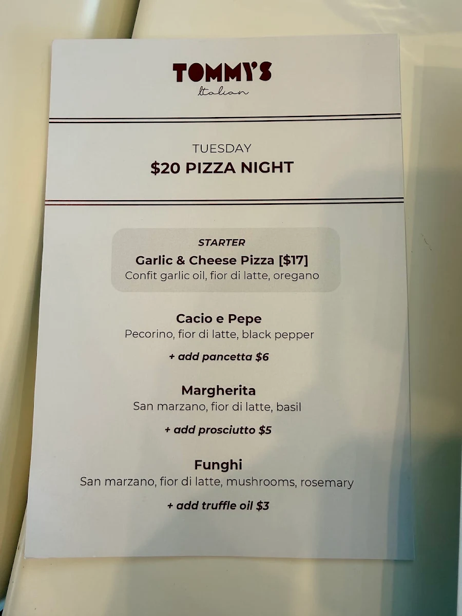 Menu, Tommy’s Italian