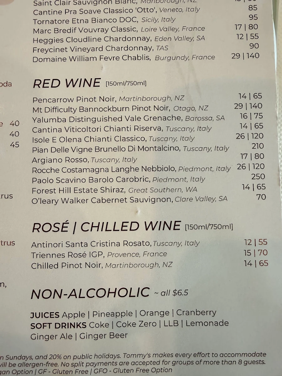 Menu, Tommy’s Italian