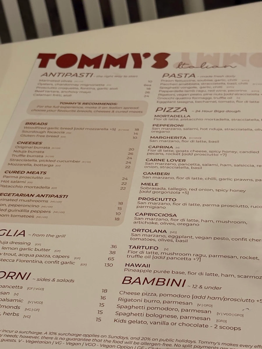 Menu, Tommy’s Italian