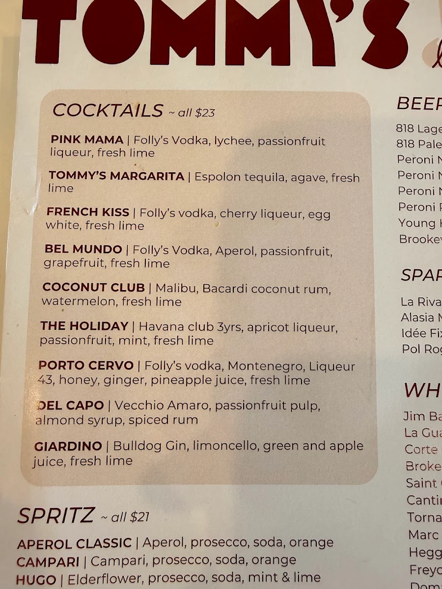 Menu, Tommy’s Italian
