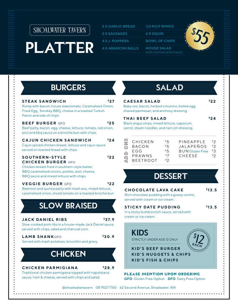 Menu, Shoalwater Tavern