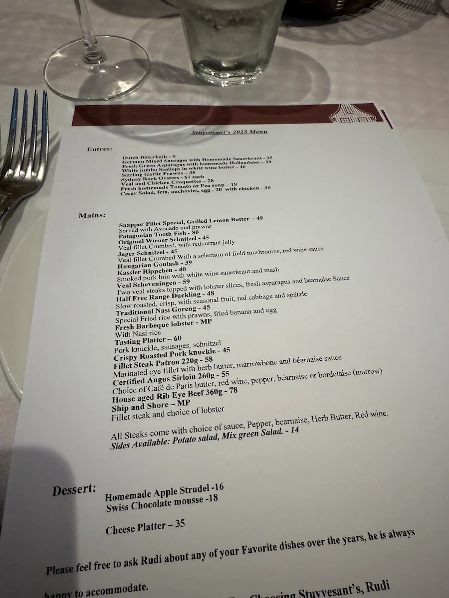 Menu, Stuyvesant's House