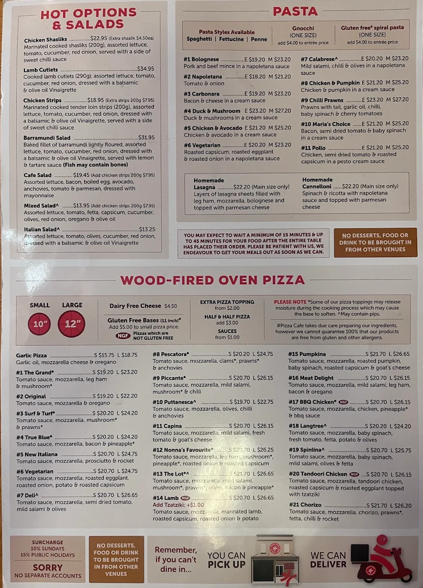 Menu, Pizza Café