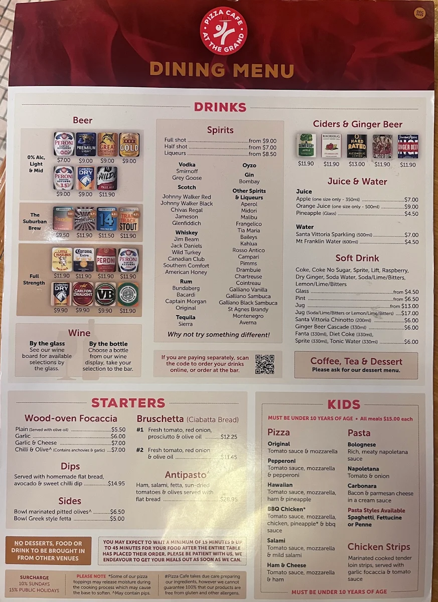 Menu, Pizza Café
