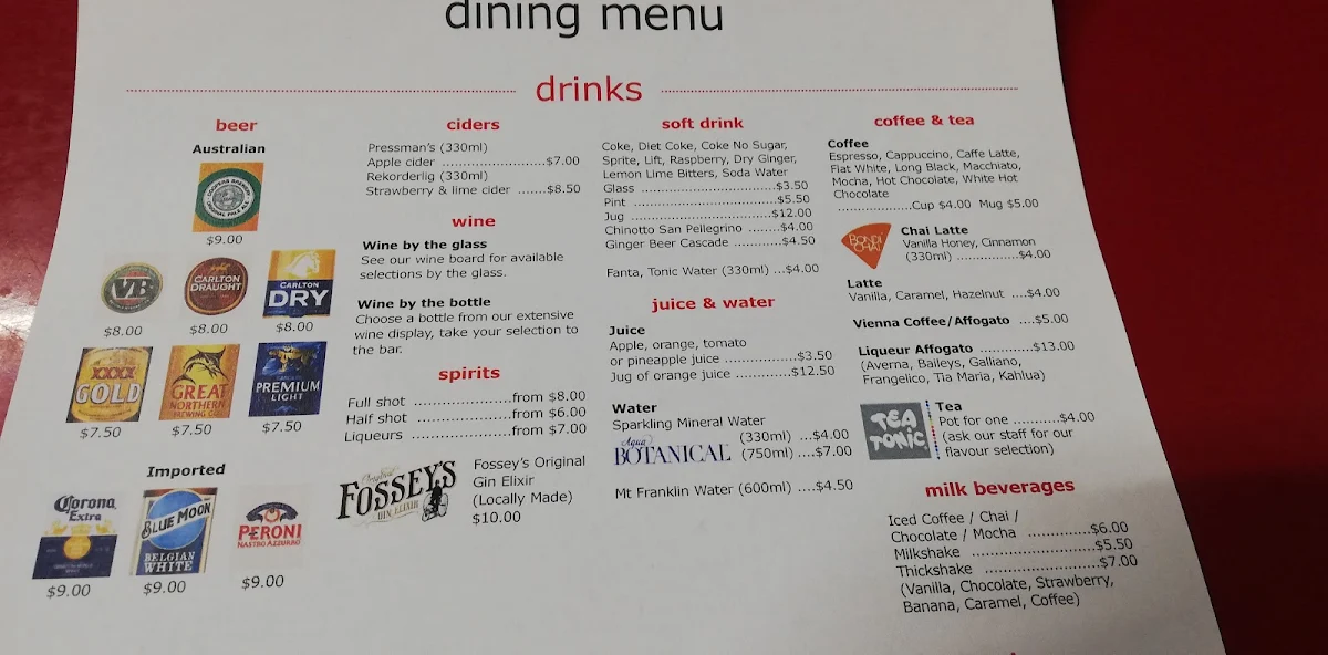 Menu, Pizza Café