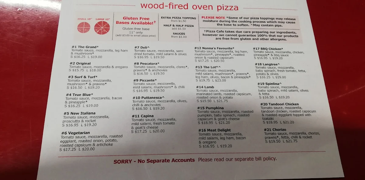 Menu, Pizza Café
