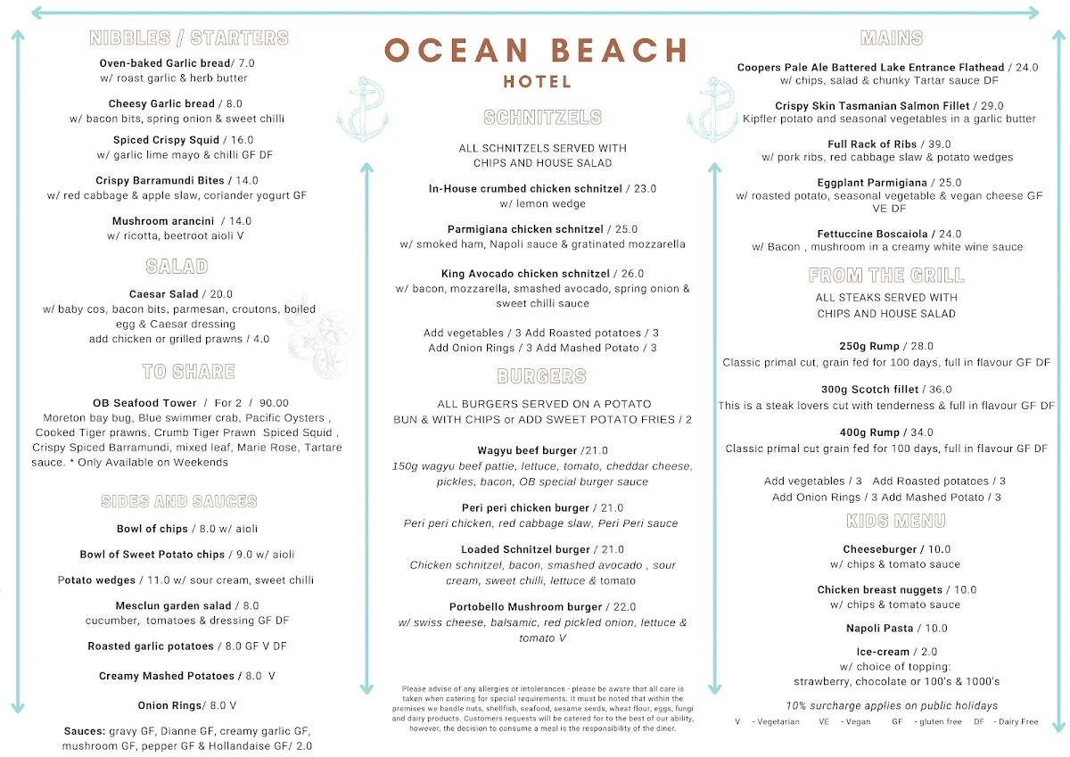 Menu, Ocean Beach Hotel