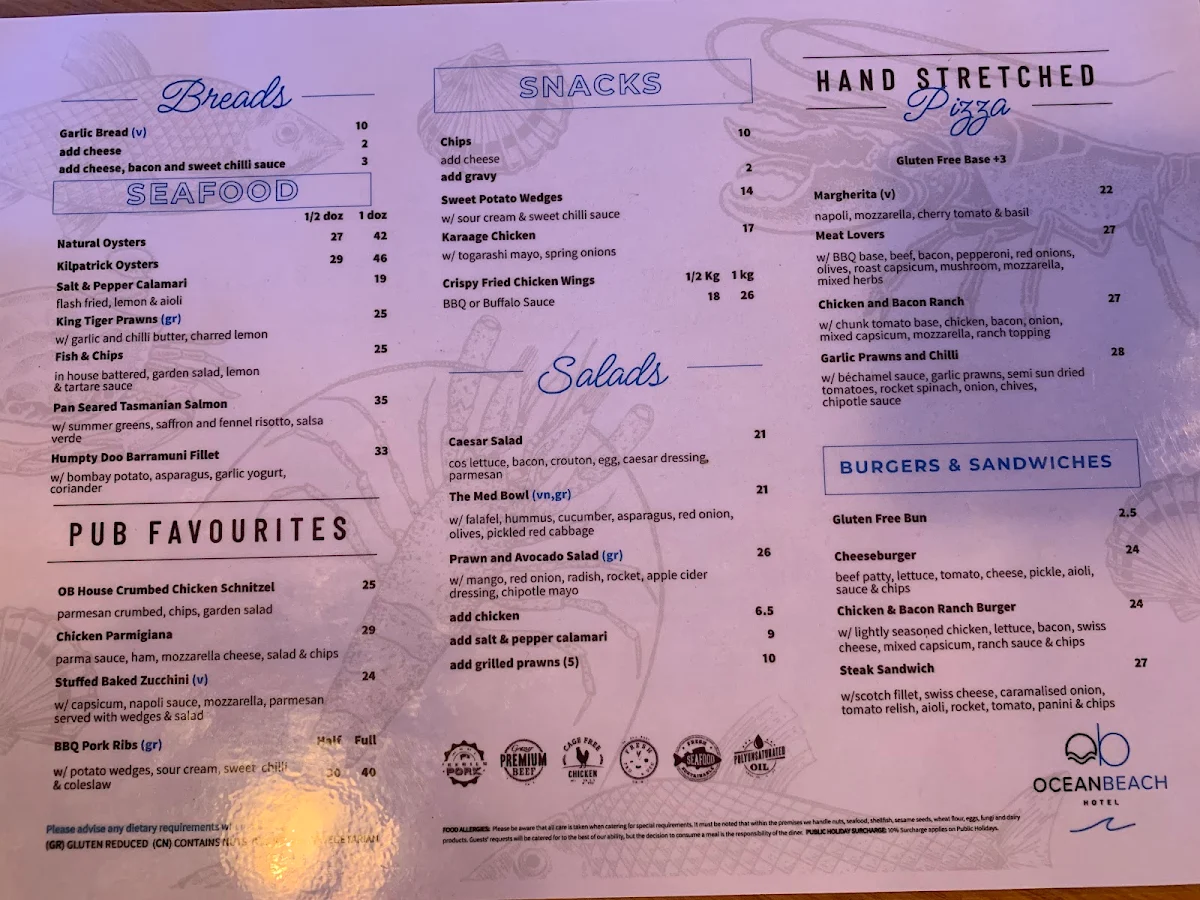 Menu, Ocean Beach Hotel