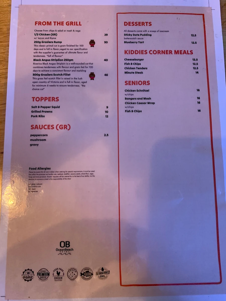 Menu, Ocean Beach Hotel