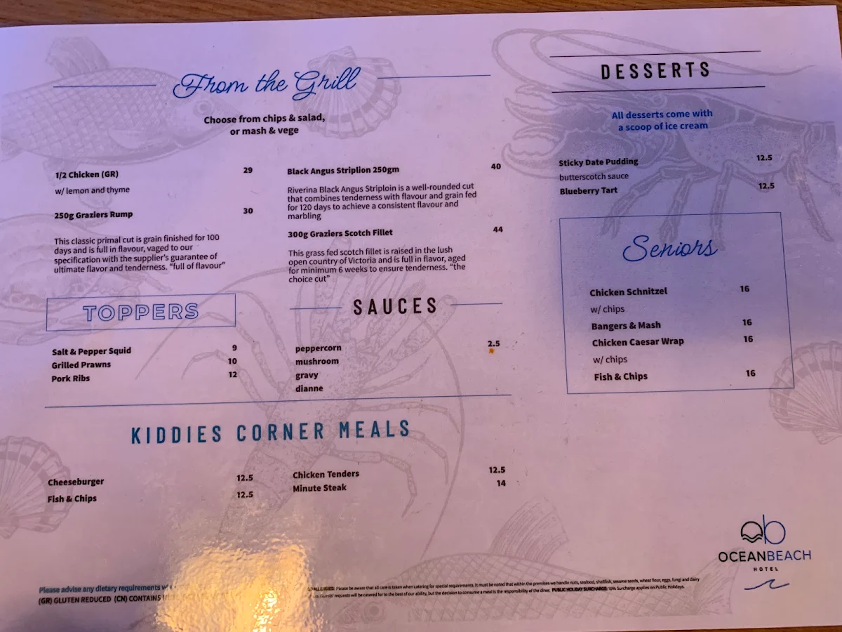 Menu, Ocean Beach Hotel