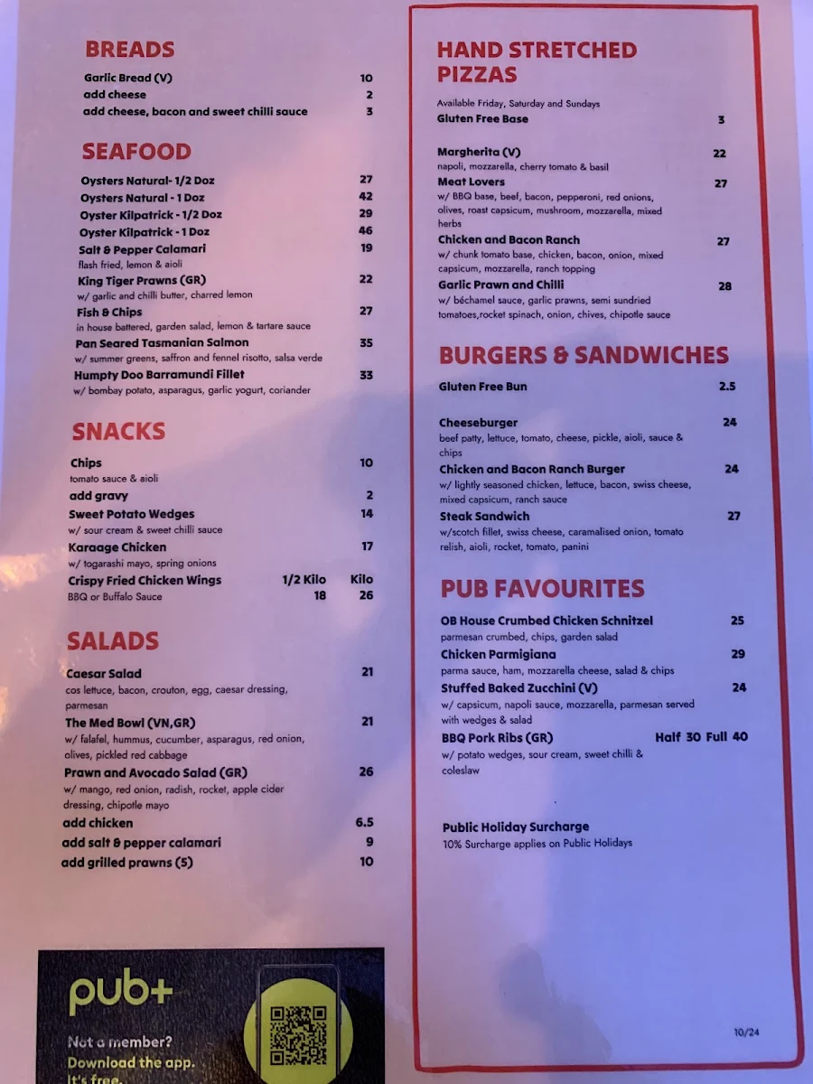 Menu, Ocean Beach Hotel