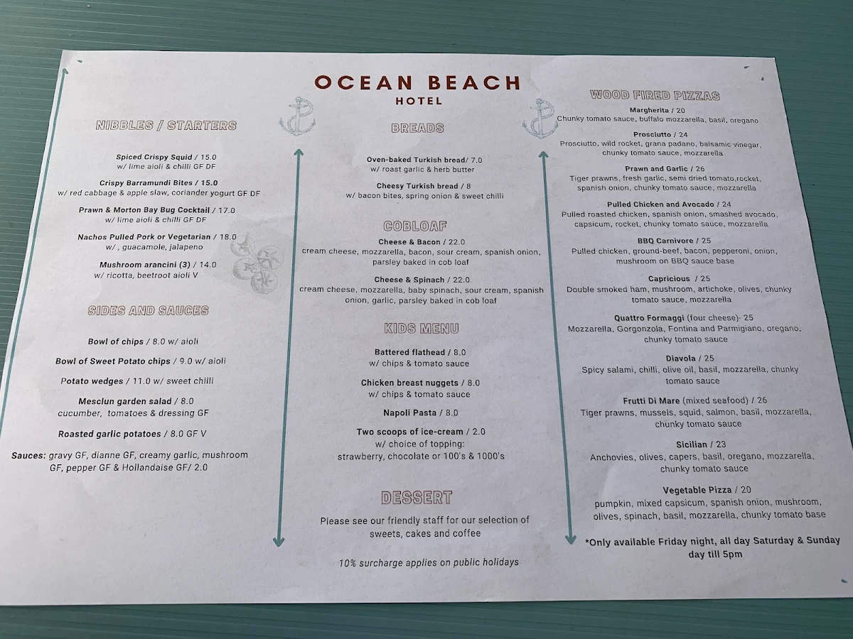 Menu, Ocean Beach Hotel