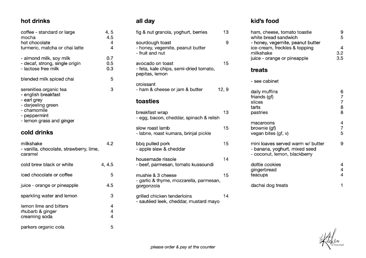 Menu, The Kitchen at Waterford