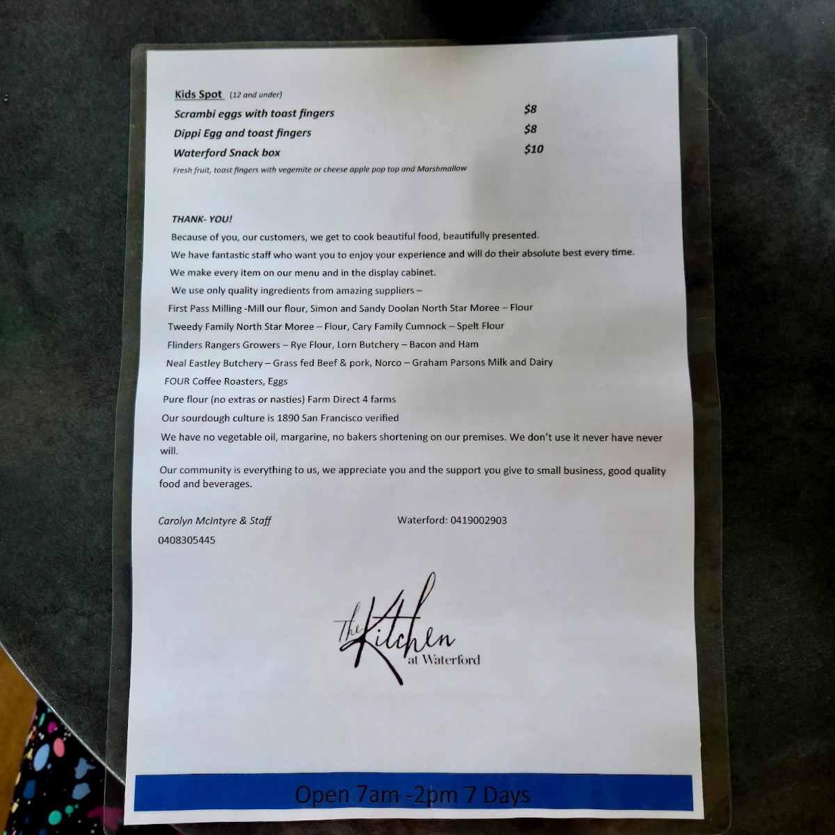 Menu, The Kitchen at Waterford