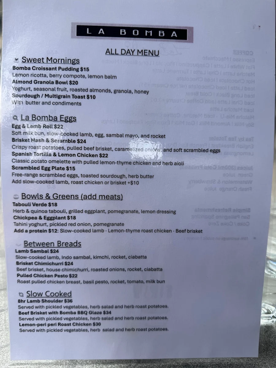 Menu, La Bomba Cafe & Restaurant Potts Point
