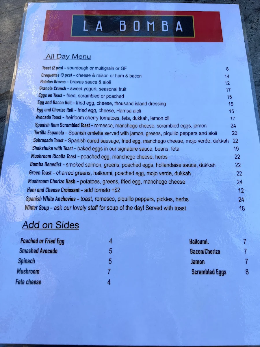 Menu, La Bomba Cafe & Restaurant Potts Point