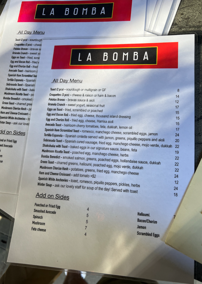 Menu, La Bomba Cafe & Restaurant Potts Point