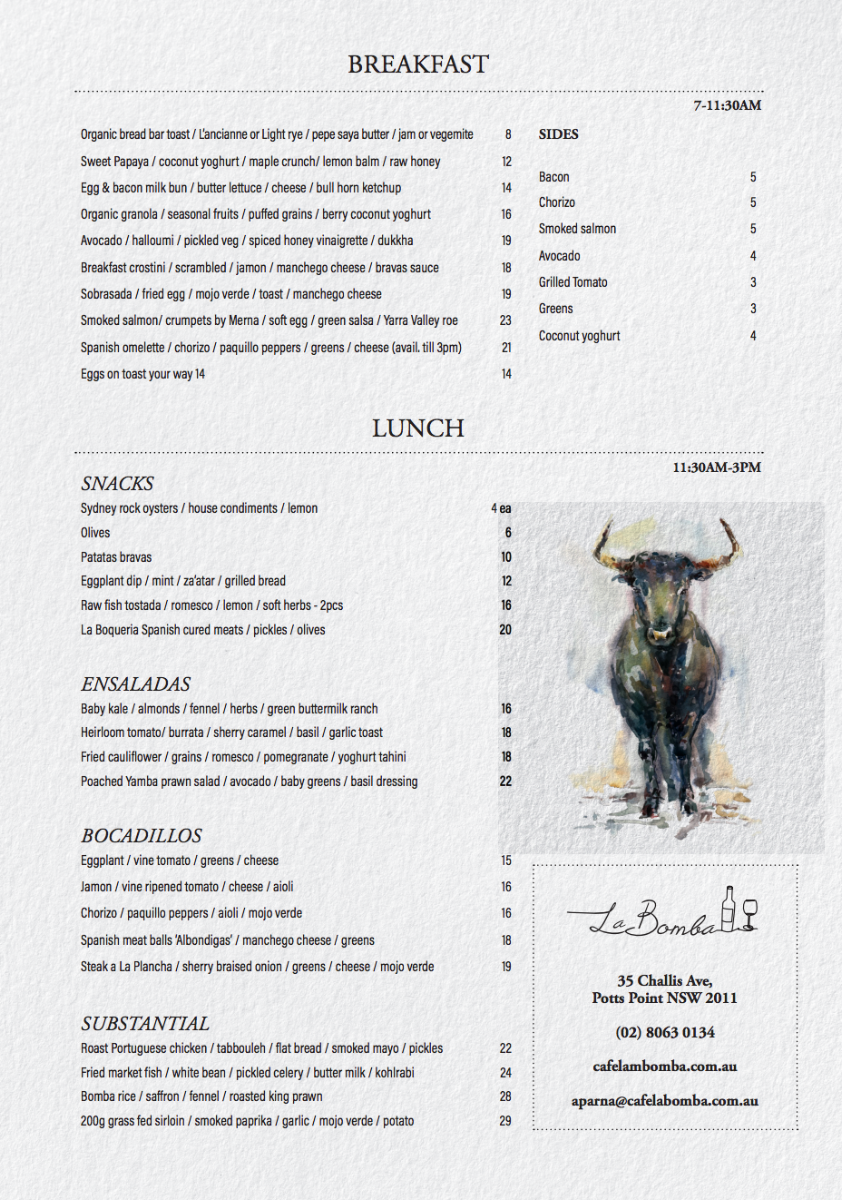 Menu, La Bomba Cafe & Restaurant Potts Point